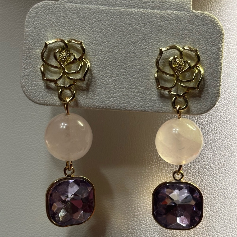 Hand crafted rose quartz earrings with violet faceted glass beads 2inches